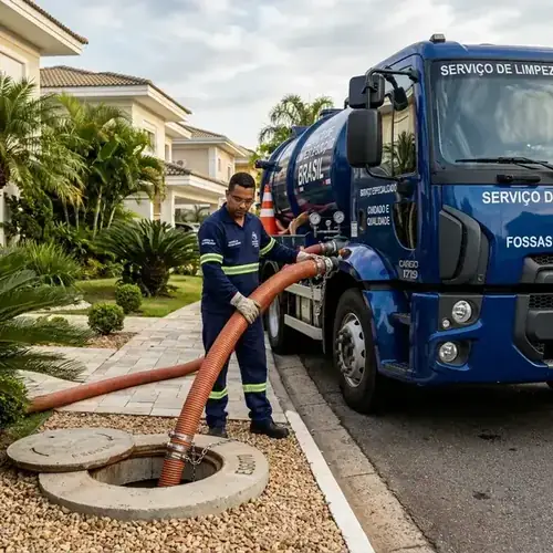 Caminhão da equipe realizando limpeza de fossa