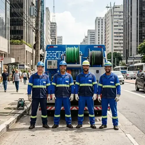 Equipe uniformizada da Desentupidora Sorocaba com caminhão de hidrojateamento