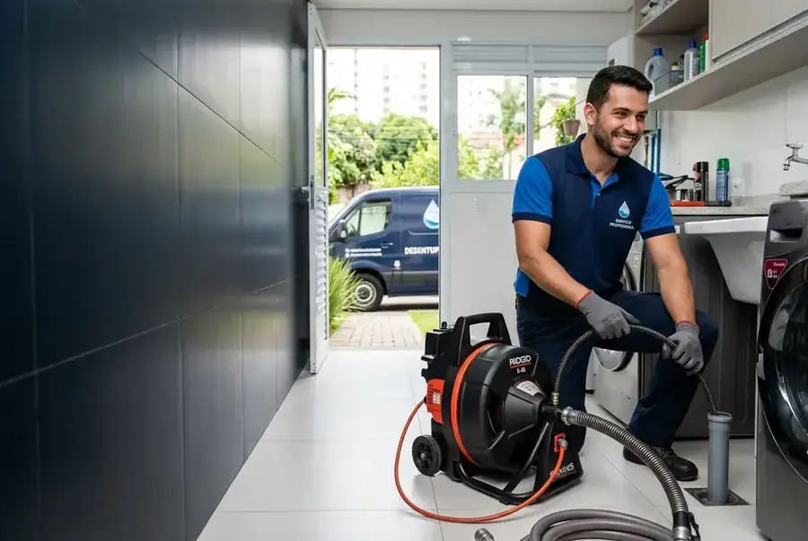 Técnico da Desentupidora Sorocaba realizando atendimento com equipamento profissional