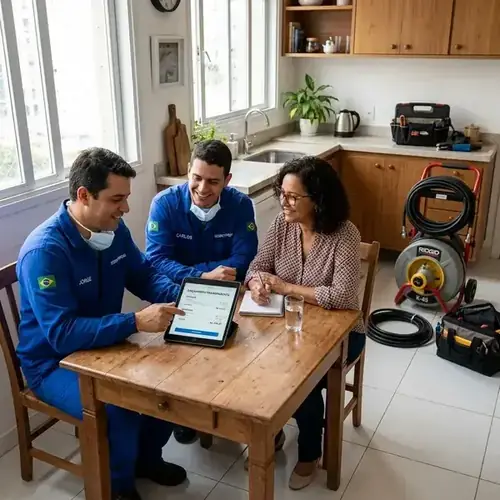Técnicos da Desentupidora Sorocaba atendendo cliente residencial